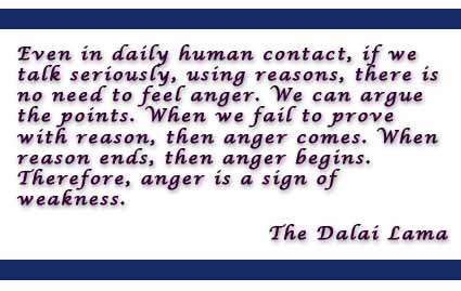 Even in daily human contact, if we talk seriously, using reasons, there is no need to feel anger. We can argue the points. When we fail to prove with reason, then anger comes. When reason ends, then anger begins. Therefore, anger is a sign of weakness. The Dalai Lama