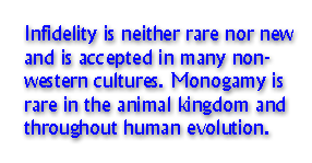Infidelity is neither rare nor new and is accepted in many non-western cultures. Monogamy is rare in the animal kingdom and throughout human evolution.
